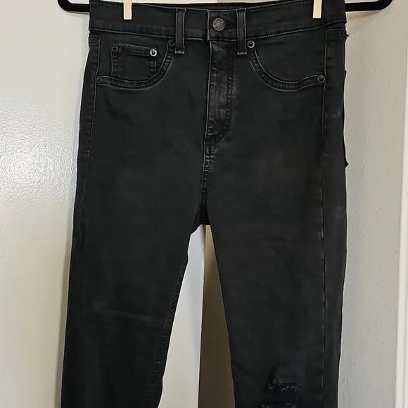 Rag & Bone High Rise Skinny Jeans Distressed Knees/Raw Hem Dark Gray Siz… - Picture 2 of 13